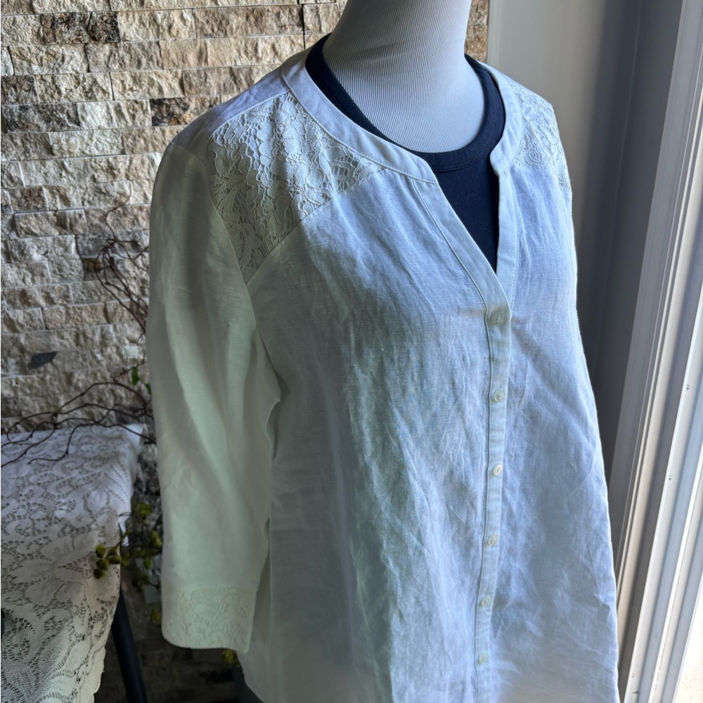 100%Linen Cream Boxy 3/4 Sleeve Blouse with Mandarin Collar